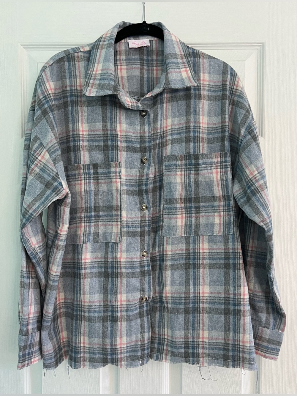 Pink Lily Gray and Pink Plaid Button-Down Shirt